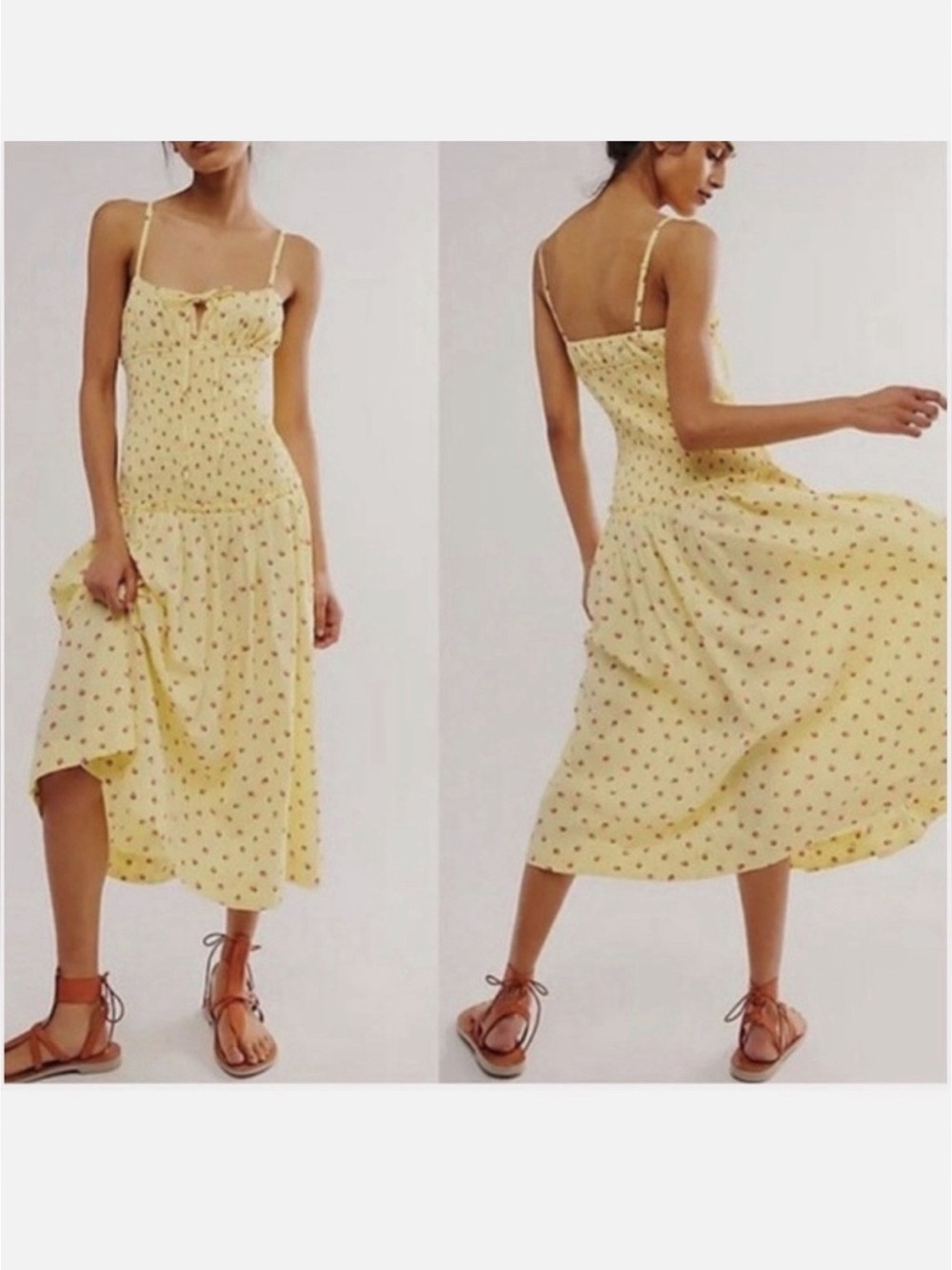 Free People | NWT Yellow Strawberry Print Smocked Long Length Sundress